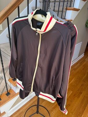 Brown Track Jacket with Cream & Red Stripe Trim